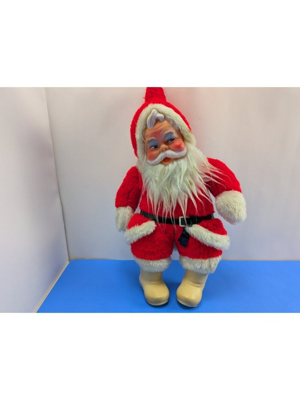Vintage 1950's Rushton Style Santa Claus Doll Rubber Blue Eyeshadow White Boots